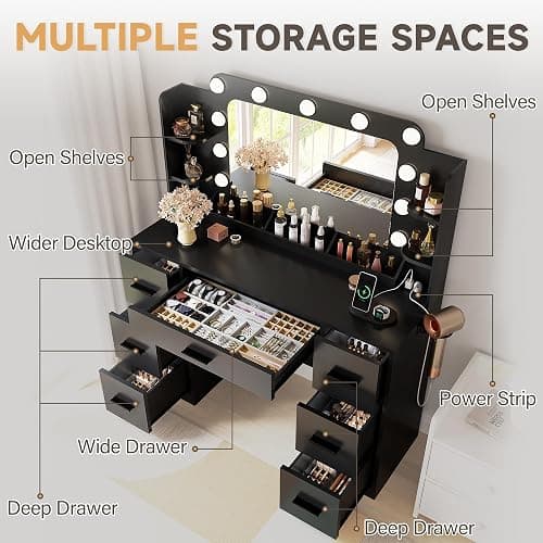 YESHOMY Vanity Desk with Large Lighted Mirror, Power Outlet and 11 Lights, Makeup Table with 7 Drawers and 3 Desktup Storage Units, 3 Color Modes Available for Bedroom, Black thumbnail 5
