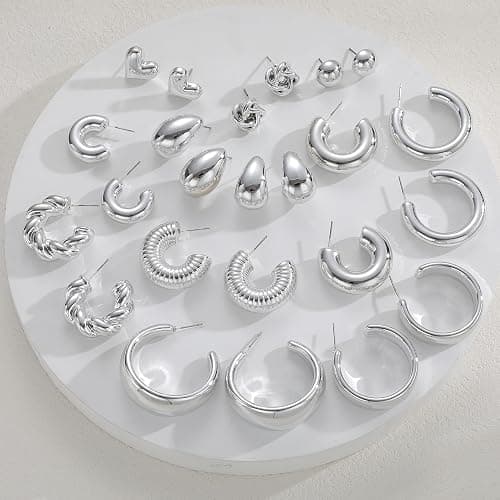 12 Pairs Chunky Silver Hoop Earrings for Women Trendy, Silver Plated Lightweight Thick Open Twisted Stack, Non Tarnish Huggie Hoops Earring Set thumbnail 9
