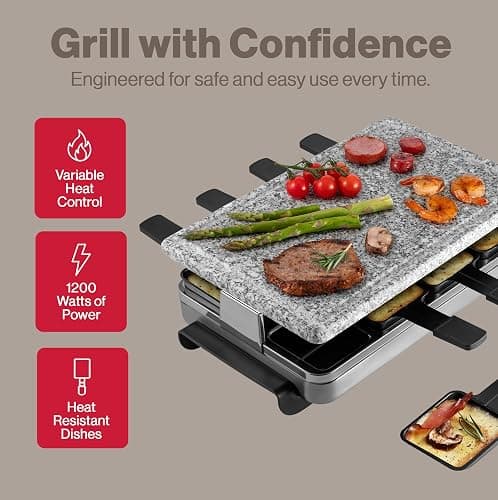 Swissmar Stelvio Raclette Party Grill with Granite Stone Non-Stick Grill Plate/Crepe Top, Outdoor & Indoor Electric BBQ Grill, Samgyupsal Griller - Brushed Stainless Steel - 8-Person - Silver thumbnail 3