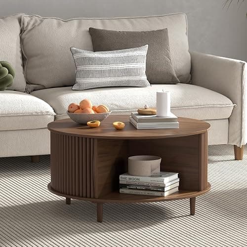JOINICE,Round Coffee Table with Storage,Fluted Center Table with Sliding Cabinet Door for Living Room,Home Small Space,31.5" Small Center Table,Walnut - Round - Walnut thumbnail 6