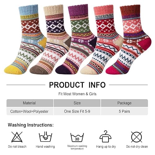 ICEIVY Womens Socks 5 Pairs Wool Warm Cotton Thick Vintage Casual Winter Cabin Crew Fuzzy Socks Gifts For Women thumbnail 3