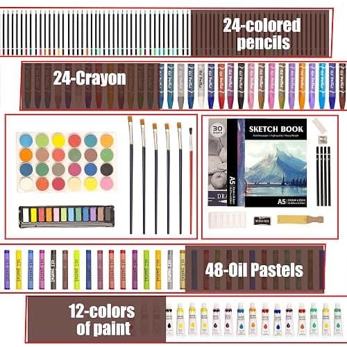 KINSPORY 168-Pack Art Supplies, Deluxe Wooden Art Set Crafts Drawing Painting Coloring Kit, 3 Pack Coloring Pads， Creative Gift Box for Artist Beginners Kids Girls Boys thumbnail 2