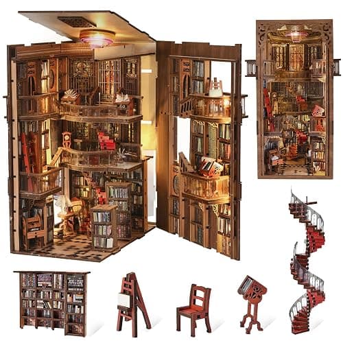 CCCDF Book Nook Library Kit, DIY Miniature Dollhouse Booknook Kit, 3D Wooden Puzzle Bookend Bookshelf with LED Light for Adults Teens (Abbey Library) - Image 1