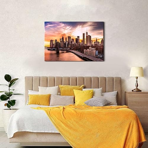 Extra Large New York City Wall Art Modern Cityscape Pictures Bedroom Wall Decor Sunset Panoramic Photo Canvas Poster Building Skyscraper Painting Artwork for Living Room Office Home Decorations 32x48” thumbnail 2