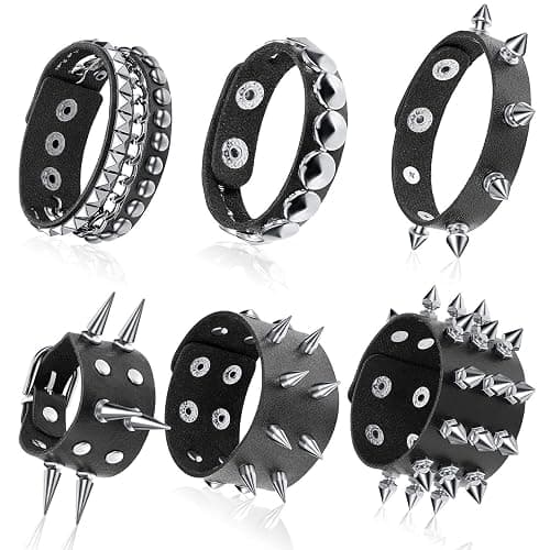 Hicarer 6 Pcs Spiked Studded Bracelets Punk Leather Rivets Bracelet Cuff for Men Women Halloween Accessories - Image 1