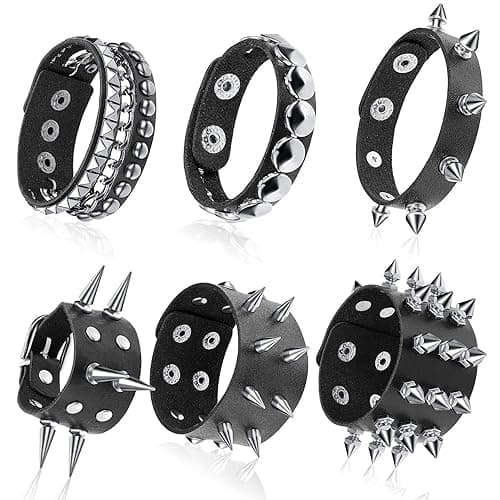Hicarer 6 Pcs Spiked Studded Bracelets Punk Leather Rivets Bracelet Cuff for Men Women Halloween Accessories - Classic Style