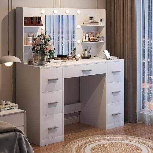 YESHOMY Vanity Desk with Mirror, Power Outlet and 10 Lights, Makeup Table with 7 Drawers, 3 Color Modes Available for Bedroom, White thumbnail 3