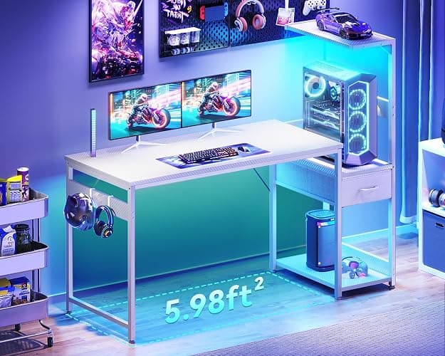 Casaottima 54 Inch Gaming Desk with Storage & LED Lights, Reversible Computer Desk with Display Shelves & Fabric Drawer, Modern Gamer Desk Table with Side Headphone Hook, Carbon Fiber White thumbnail 2