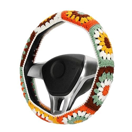 Crochet Steering Wheel Cover Set,Cute Steering Wheel Cover Boho 14-15 in,Handmade Sunflower Granny Square Decor for Women,Hippie Car Accessories (A Wheel Cover) - Image 1