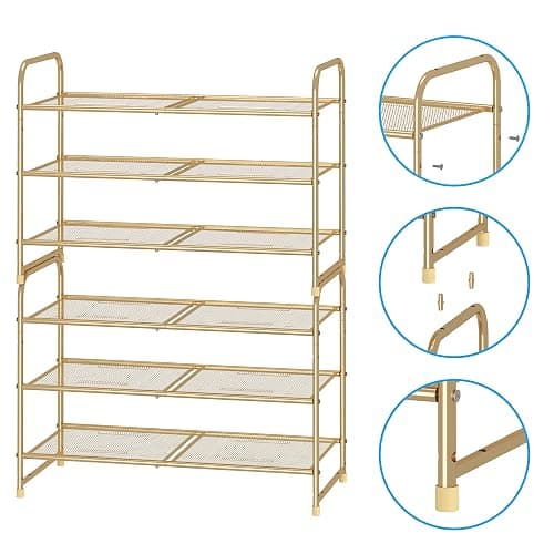Simple Trending 3-Tier Stackable Shoe Rack, Expandable & Adjustable Shoe Shelf Storage Organizer, Metal Mesh, Gold thumbnail 5