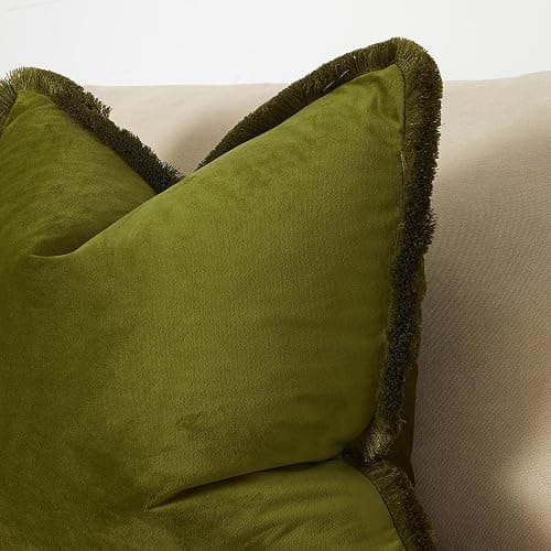 JUSPURBET Olive Green Decorative Velvet Fringe Throw Pillow Covers 18x18 Set of 2 Boho Soft Cushion Case for Home Decor Living Room Couch Sofa Bed thumbnail 2