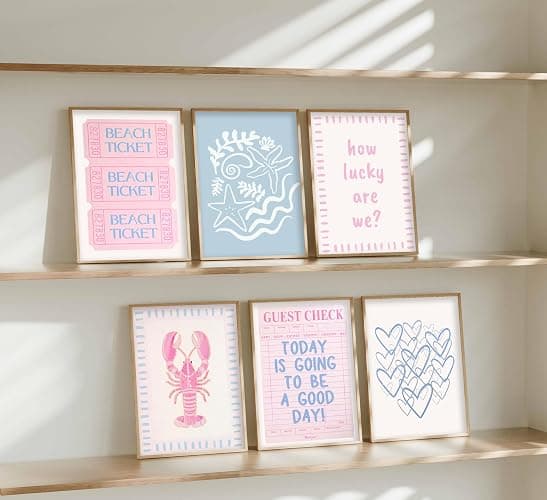 Pink Blue Beach Preppy Wall Art Coastal Granddaughter Aesthetic Summer Picture Wall Decor Trendy Beach Ticket Starfish Poster Lucky Heart Painting Print Artwork for Girly Room Dorm Apartment, Unframed thumbnail 9