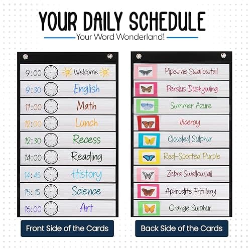 Essex Wares - 13 Pocket Daily Schedule Pocket Chart, Ultra-Durable Visual Schedule for Kids - Easy to Use, Reusable Daily Schedule for Kids - Reversible Chart for Sentence Strips thumbnail 5