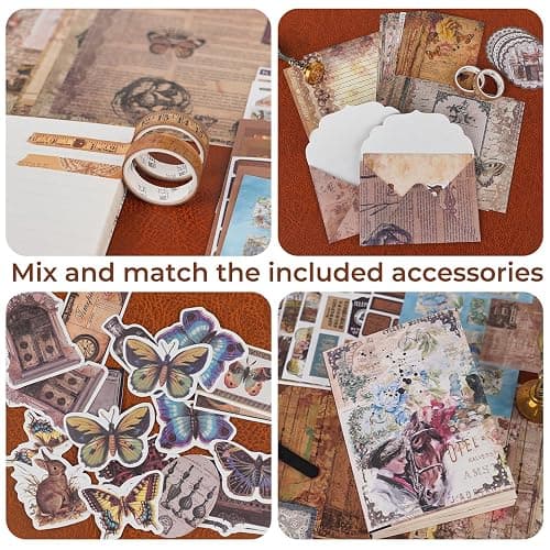 Funto Scrapbooking Kit (202 PCS), Vintage Collection-Wisteria & Butterfly, Perfect for Bullet Scrapbooking Materials, Planner DIY Arts Craft Collage thumbnail 4