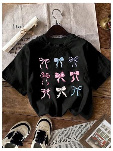 RoseSeek Girl's Bow Cherry Graphic Tees Short Sleeve Crewneck Cute T Shirts Tops for Teens Summer Tops thumbnail 5