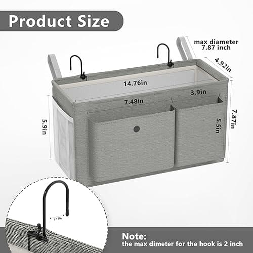 Edudif Bedside Caddy Bedside Organizer with Fixed Straps & Water Bottle Holder, Bunk Bed Caddy ideal for Home, Dorm, Hospital, Crib, Versatile Bedside Storage Solution (Grey) thumbnail 4