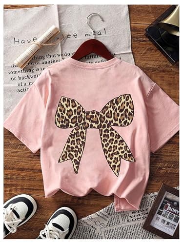RoseSeek Girl's Bow Leopard Graphic Tees Short Sleeve Preppy Summer T Shirt Aesthetic Baggy Tops thumbnail 5