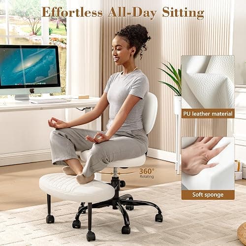 AtHope Ergonomic Cross Legged Office Chair with Wheels - Adjustable Height for Meditation, ADHD Desk & Yoga - Wide Criss Cross Design with Lumbar Support, Kneeling Chair - White thumbnail 6