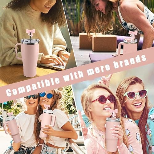 Hpebl 4Pcs Pink Bow Straw Toppers Covers Glitter Stanley Cup Accessories | Dust-Proof Silicone Bow Straw Covers Toppers for Stanley Cups 40/30oz, Shiny Pink Reusable Straws Caps Tips for Tumbler thumbnail 7
