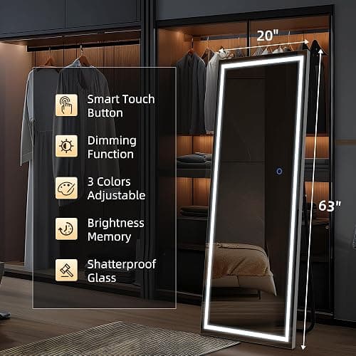 TRUNBACK 63"x20" LED Floor Mirror, Dimmable 3-Color Lighted Frame, Full-Length Mirror for Bedroom, Gym & Makeup, Freestanding/Wall Mount thumbnail 6