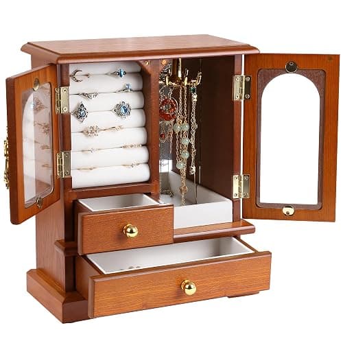 Kendal Wooden Jewelry Box for Women, Graduation Gift Solid Jewelry Holder Organizer, Mothers Day Gifts Wood Jewelry Case with Mirror for Necklaces, Earring, Rings (2 Side Door, Oak) - Image 1