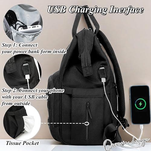 QWREOIA Diaper Bag Backpack for Dad and Mom with USB Charging Port Stroller Straps and Insulated Pocket,army military Travel Nappy Backpack for Daddy/Mommy (Black) thumbnail 5