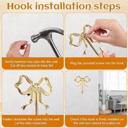 HJZHII 6 Pcs Gold Bow Wall Hook, Large Bow Knot Coat Hooks Metal Bowknot Wall Door Hanger Decorative Holder for Bags Bath Towels Coats Hats Coffee Mugs Room Decorations thumbnail 7