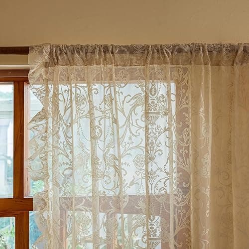 TUDECO Beige Lace Curtains for Bedroom - Floral Sheer Boho Crochet Curtains 63 Inch Length, Natural Ruffle Short Rod Pocket Light Filtering Window Treatment Grandma Core Decor, 59 x 63 Inch thumbnail 2
