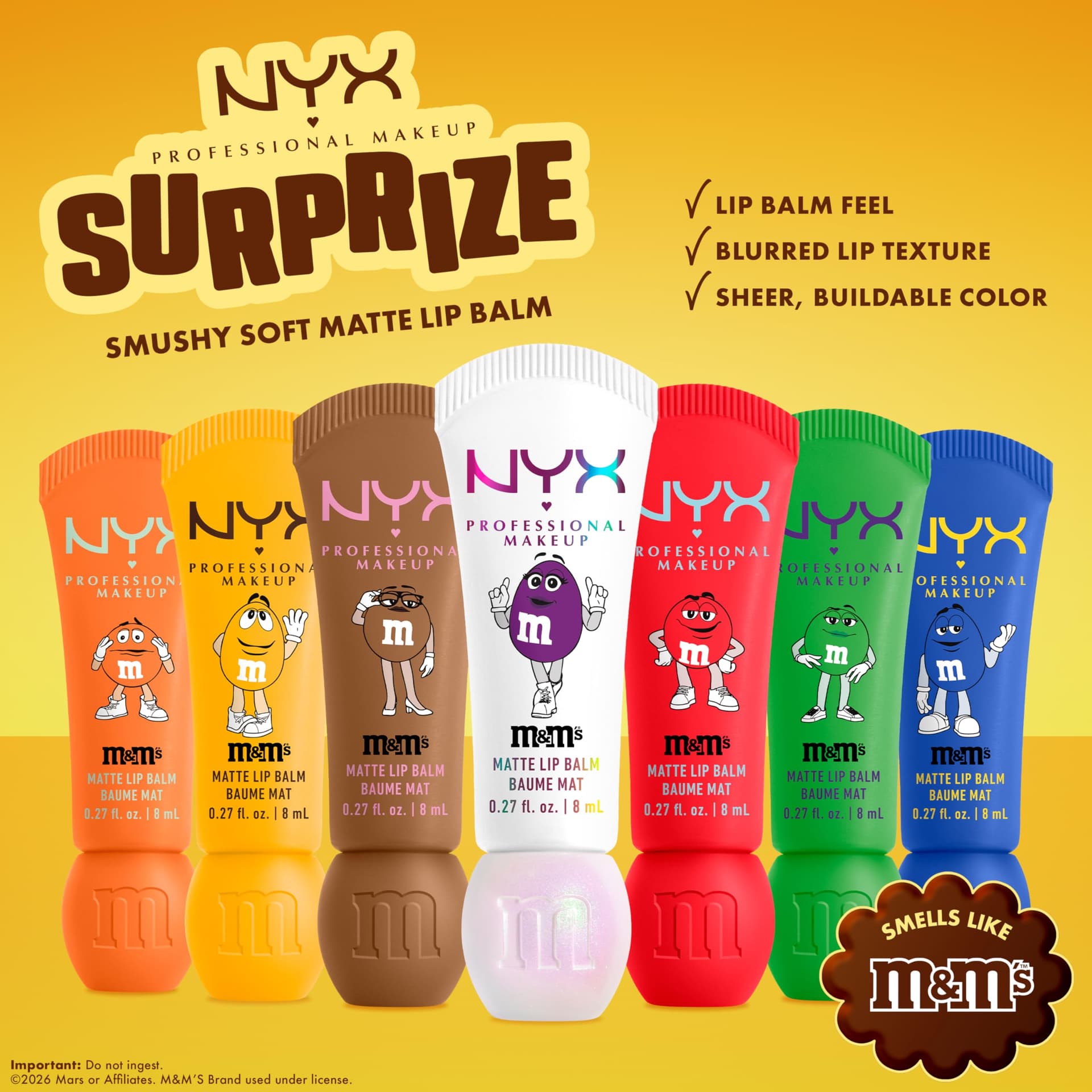 NYX Professional Makeup M&M'S Smushy Surprize Matte Lip Balm Blind Bag, 7 Collectible Limited Edition Matte Shades, Soft-Focus Hydrating Lip Balm thumbnail 5