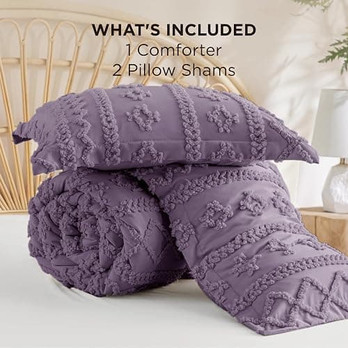 Bedsure Tufted Boho Comforter Set Queen Size - Grayish Purple Boho Bed Set, GentleSoft™ 3 Pieces Farmhouse Shabby Chic Embroidery Bedding, Gifts for Woman, Jacquard Queen Comforter for All Seasons thumbnail 7