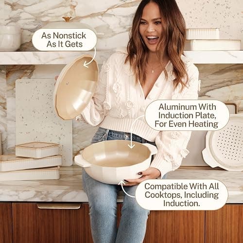 Cravings by Chrissy Teigen The Perfect Pan 5.3 Qt Dutch Oven Pot with Lid, Nonstick Lightweight Aluminum Everyday Pot with Steamer/Strainer Insert, Oven & Stovetop Safe (White) thumbnail 6