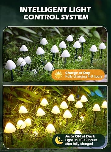 Solar Mushroom Garden Lights for Outside, 20 LED 32.8FT Solar Pathway Lights Outdoor Waterproof for Fence with 8 Lighting Modes for Patio Yard Decorative - Mushroom thumbnail 4