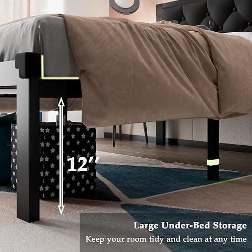 Feonase Twin Size Metal Bed Frame with Faux Leather Button Tufted Headboard, Heavy-Duty Platform Bed Frame with 12" Storage, Steel Slats Support, No Box Spring Needed, Noise Free, Black thumbnail 6