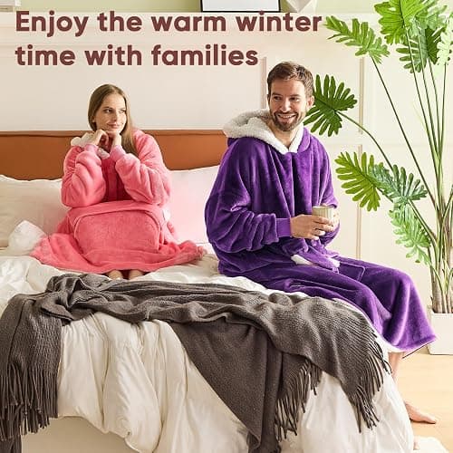 yescool Wearable Blanket Hoodie - birthday gifts for Adults/Women/mom, Flannel Cozy Sherpa Fleece Blanket Sweatshirt with Hood, Pocket & Sleeves, Large, One Size Fits All (Deep Purple) thumbnail 7