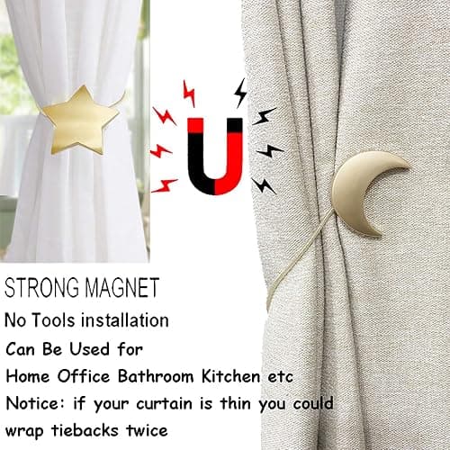 Magnetic Curtain Tiebacks Clips Decorative Rope Holdbacks 1 Pair Gold Moon and Star Shape Window Curtain Drape Tie Backs for Window Draperies Hold, Bedroom Home Décor (1pc Moon +1pc Star) thumbnail 3