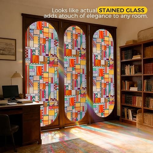 OHTMERU 3D Stained Glass Window Privacy Film, Heat Control UV Blocking Static Cling Decorative Window Film for Bathroom,Front Door,Home Non Adhesive,16.9 x 39.3 inches Autumn Reverie thumbnail 3