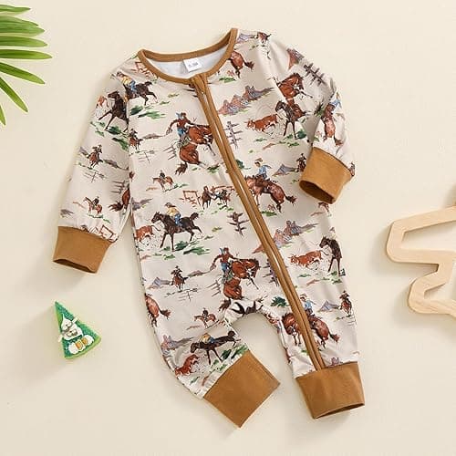 Karwuiio Baby Boy Girl Western Clothes Cow Print Long Sleeve Romper Jumpsuit One Piece Newborn Fall Winter Outfit - 0-3 Months - Western Print-light Brown thumbnail 6