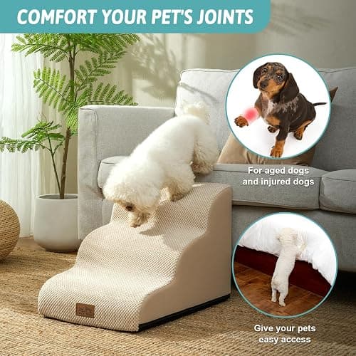 COZY KISS Dog Stairs for Small Dogs 15.7" H, Curved Dog Step for Puppy, Older Cat, Medium Pet Ramp for Sofa, Couch or Chair, Ladder with High Density Foam, 3 Step, 15.7x22.4x15.7 inch, Beige thumbnail 3