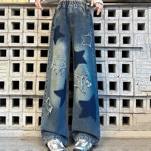 Kids Girls Star Jeans Baggy Elastic Waist Wide Leg Denim Pants Buttons Casual Preppy Streetwear Trousers with Pockets thumbnail 6