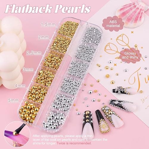 Flatback Nail Pearls Gems and Glue, Small Half Round Silver and Gold Nail Charms Beads and White Beige Pearls for Nails with Pickup Tools, Pearl Nail Charms Rhinestones for Crafting Face Manicure DIY thumbnail 2