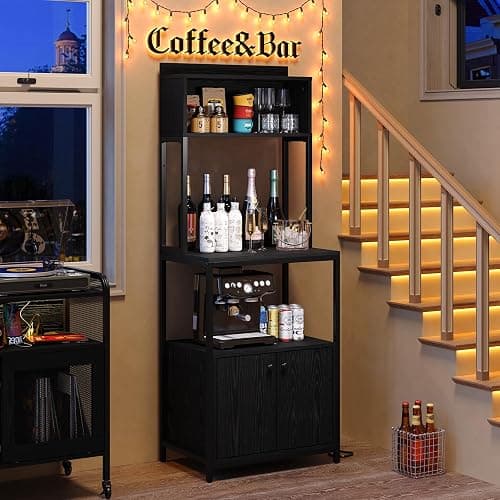 Furniouse 5-Tier Kitchen Bakers Rack with Power Outlet, Industrial Microwave Oven Stand with Storage, Kitchen Storage Shelf with Cabinet, Coffee cart, Standing Kitchen Storage Rack (Black) thumbnail 3