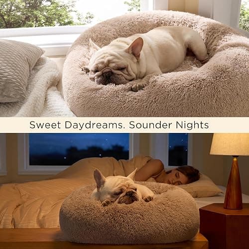 Bedsure Calming Dog Bed Medium Size Dog - Donut Washable Medium Pet Bed, 30 inches Anti-Slip Round Fluffy Plush Faux Fur Cat Bed, Fits up to 45 lbs Pets, Camel thumbnail 4