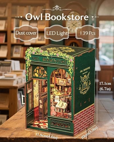 CUTEBEE Book Nook Kit, DIY Miniature House Kits for Adult and Teens, Bookend Diorama with LED, 3D Wooden Puzzle, Mini Booknook Bookshelf Insert Decor, Crafts Hobbies Gifts for Adults（Owl Bookstore thumbnail 3