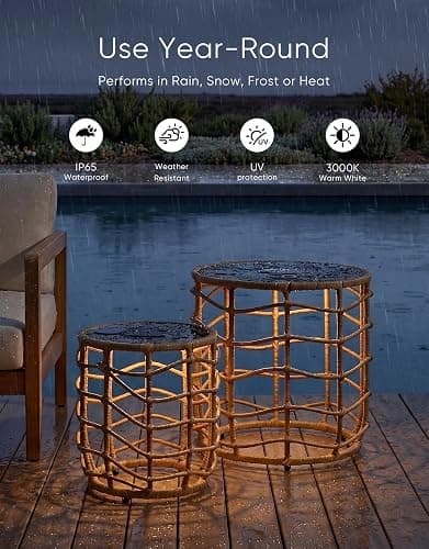 PARTPHONER Boho Solar Outdoor Side Table with Built-in Lights Set of 2, All-Weather Wicker Nesting Tables, Round Waterproof Accent End Table Design for Patio, Porch, Garden & Balcony, Natural Brown thumbnail 5