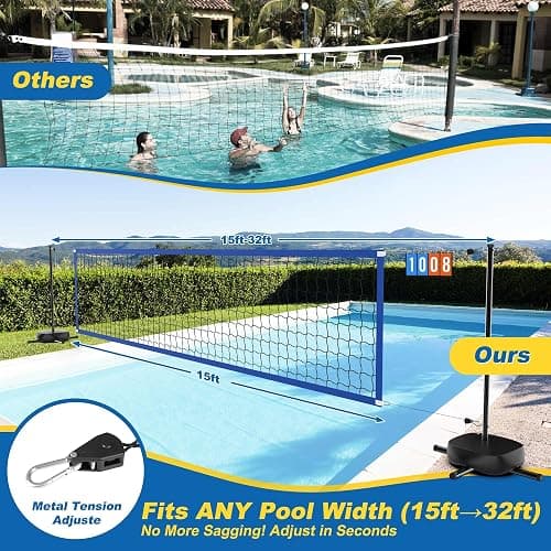 Oswerpon Pool Volleyball Net Set with LED Lights, 15-32FT Width Adjustable | Battery LED Lights, No Solar Needed, Scoreboard, 2 Balls, Pump, Storage Bag thumbnail 2