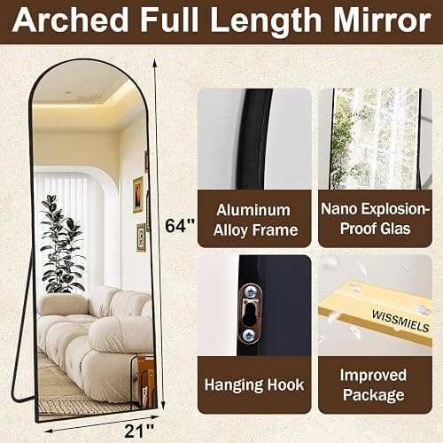 WISSMIELS 21" x 64"Arched Full Length Mirror - Wall Mounted Floor Mirror- Aluminum Alloy Frame Full Body Mirror for Bathroom Living Room Bedroom and Entryway Black thumbnail 2