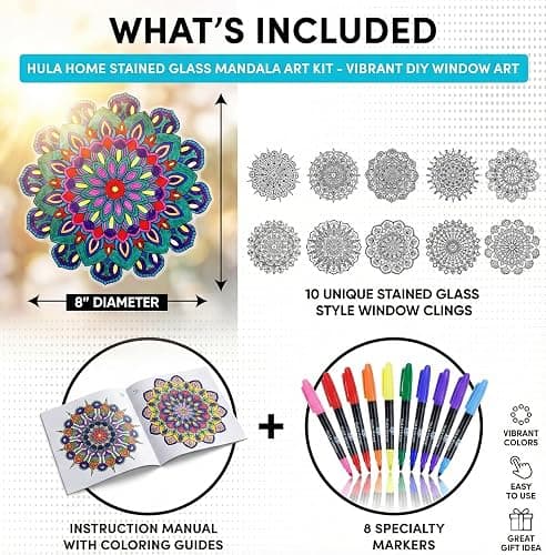 Hula Home Stained Glass Mandala Art Kit - DIY Window Clings with Markers, 10 Suncatchers - Perfect Hobby for Adults, Kids, Teens & Seniors - Ideal Gift for Beginners, Women & Elderly thumbnail 3