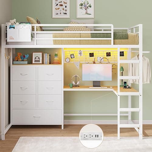 DICTAC Twin Size Loft Bed with L-Shaped Desk and 7 Storage Drawers,Metal Twin Loft Bed for Kids with LED Lights and Charging Station,13.11" H Safety Guardrail and Ladder,No Box Spring Needed, White - Image 1