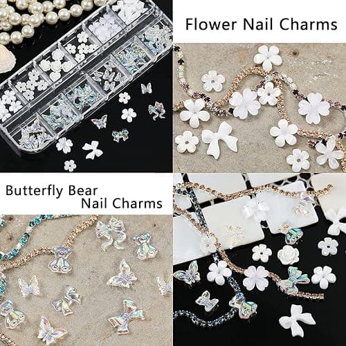 MUEYAN 3D Acrylic Butterfly White Flowers Glitter Nail Charms Cute Nail Charms Mixed Starry AB Crystal Nail Rhinestones thumbnail 3
