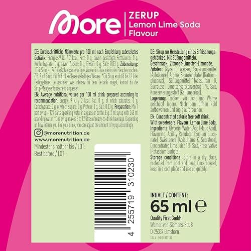 MORE Zerup, Lemon Lime Soda, 65 ml, für bis zu 8 l Fertiggetränk, zuckerfreier Sirup mit u.a. echten Fruchtextrakten, vegan, zero Kalorien - made in Germany | Null Kalorien Sirup u.a. Mit echten Fruchtextrakten, ohne Zuckerzusatz thumbnail 4
